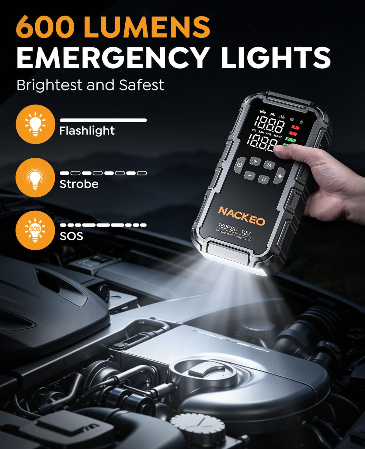 NACKEO 600LM LED flashlight in use providing bright emergency illumination