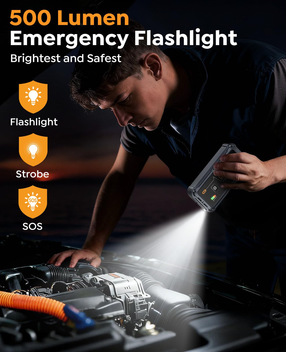 NACKEO LED flashlight illuminated in SOS mode for emergency visibility