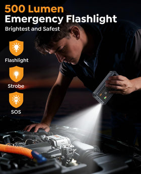NACKEO LED flashlight illuminated in SOS mode for emergency visibility