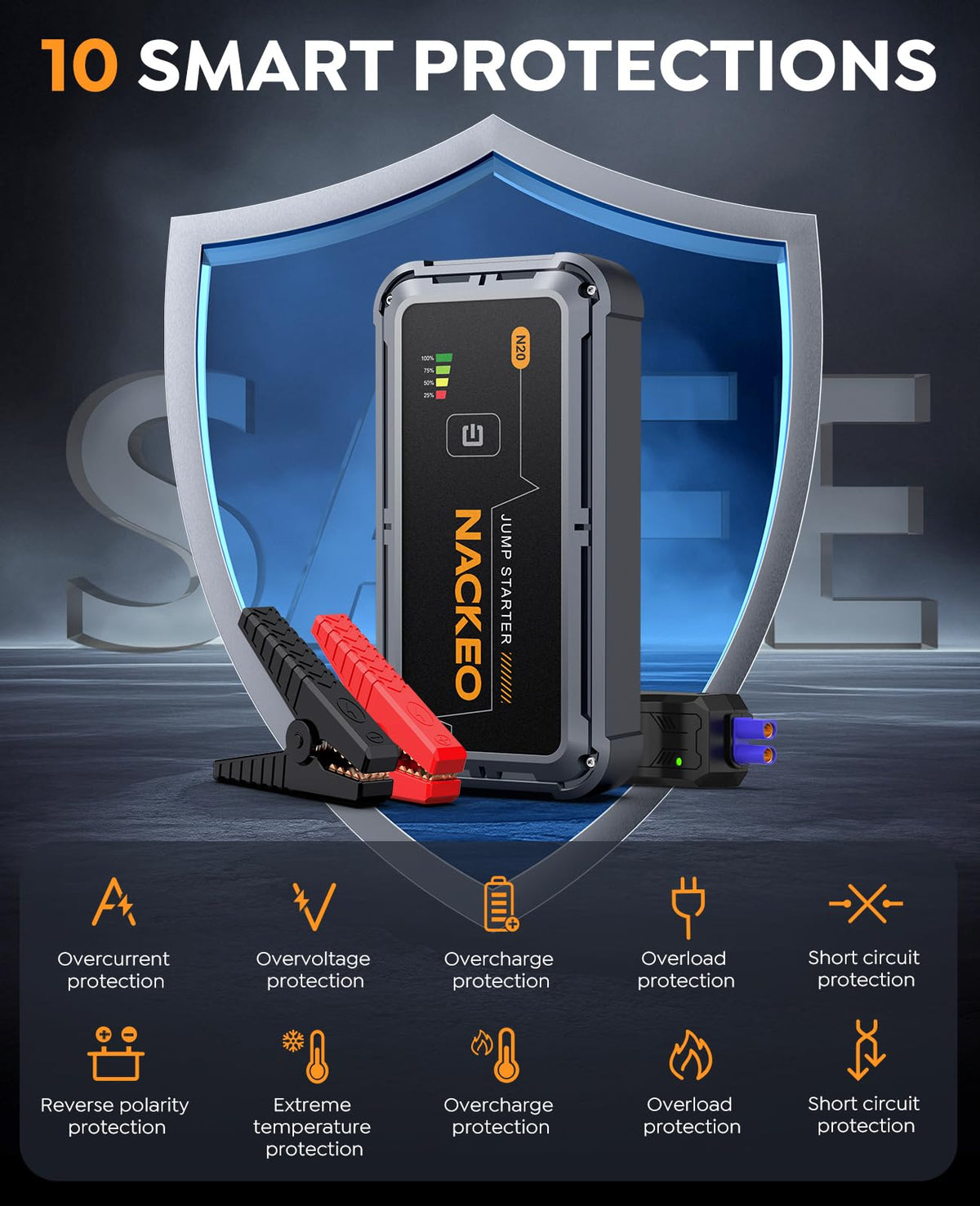 NACKEO next to car battery to show scale and heavy-duty starting capability