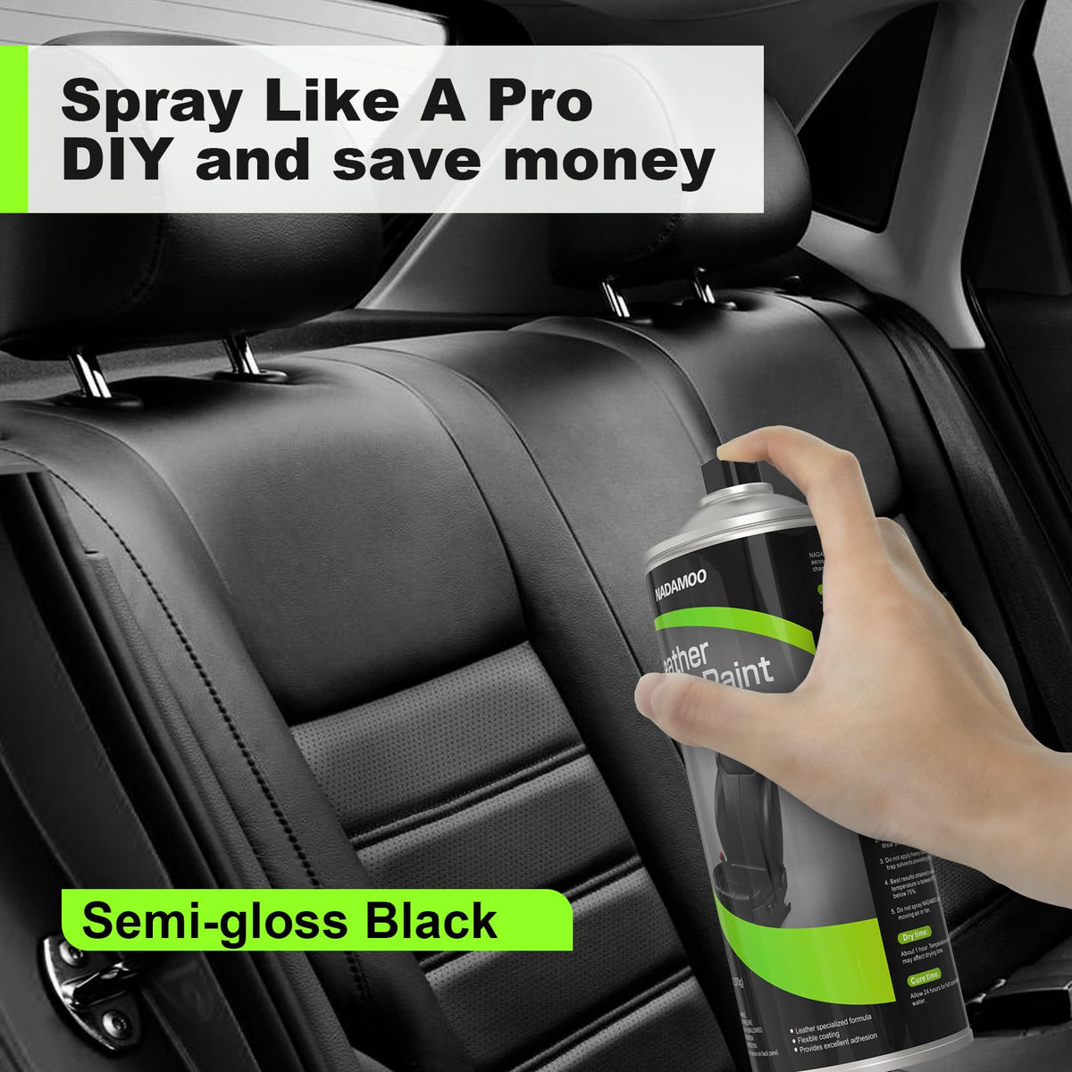 NADAMOO spraying car seat before-and-after showing renewed black finish and protection benefit