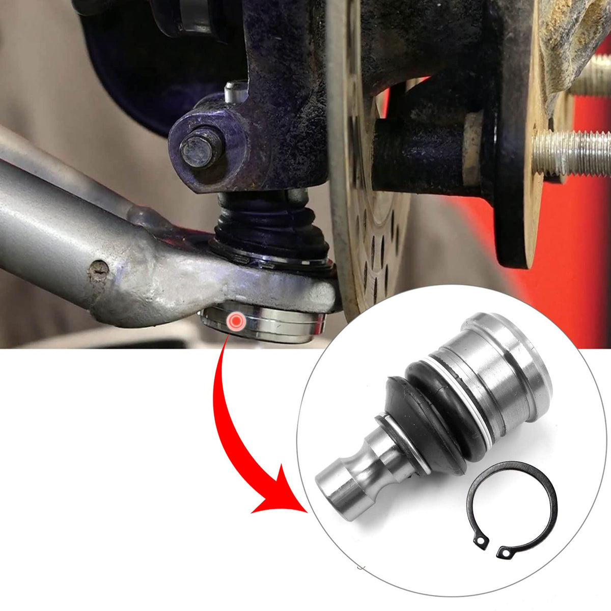 Nakuuly ball joint installed on lower control arm demonstrating secure fit and restored handling