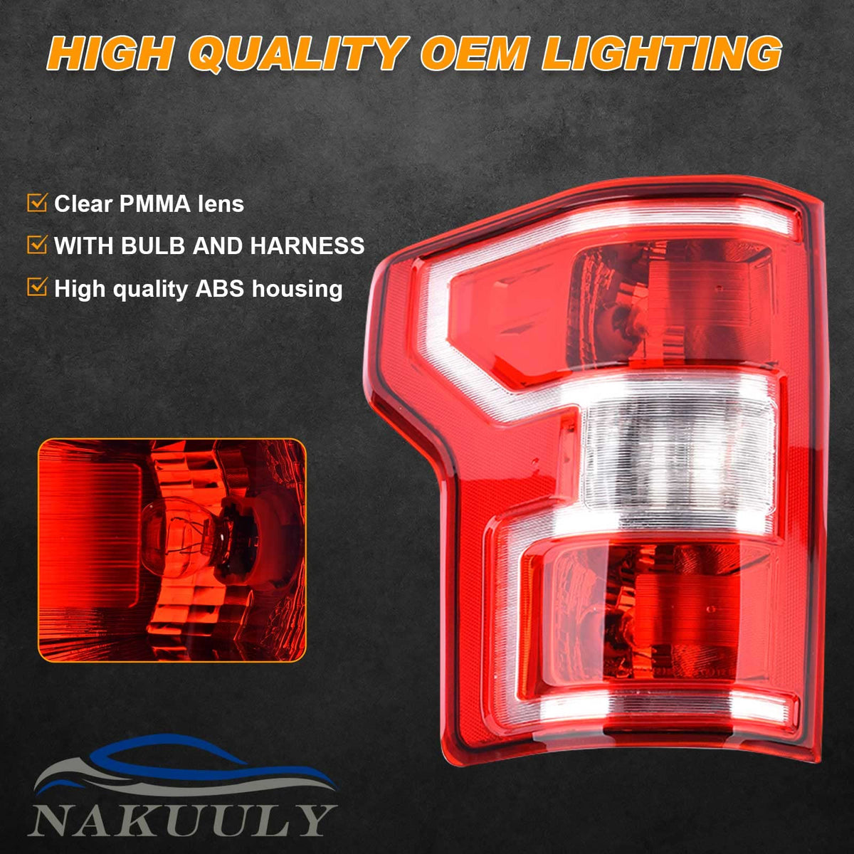 Nakuuly tail light harness and bulbs detail showing included plug-and-play components