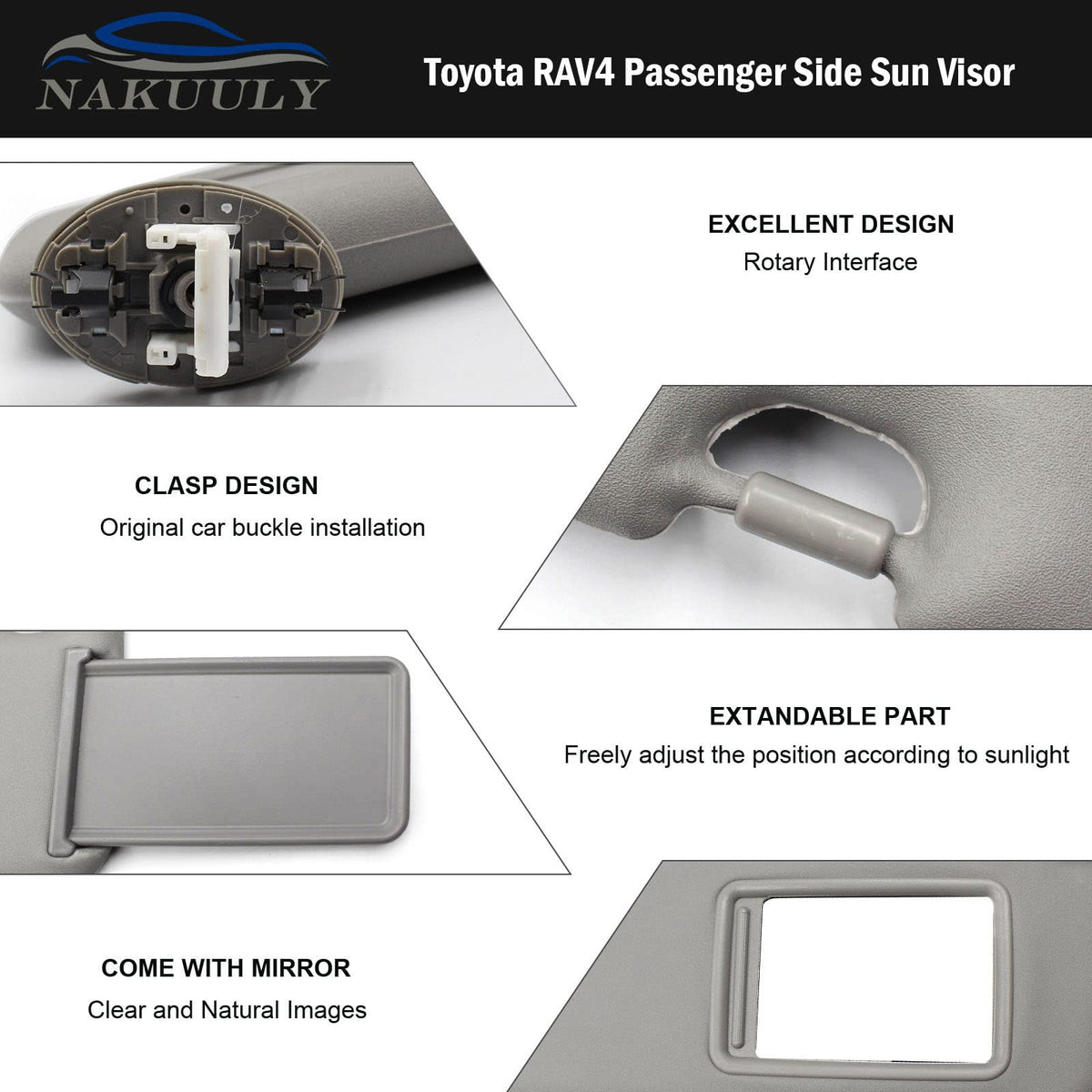 Nakuuly sun visor mounting bracket detail showing clip engagement and easy installation