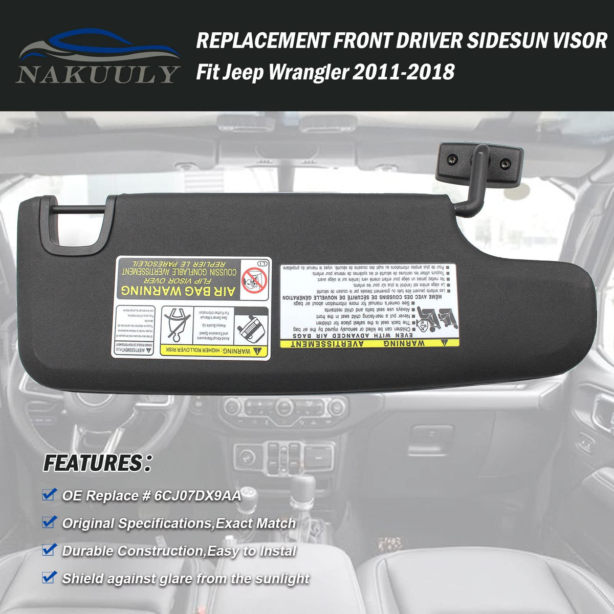 Nakuuly visor mounted in Jeep Wrangler JK demonstrating fit and reduced glare benefit