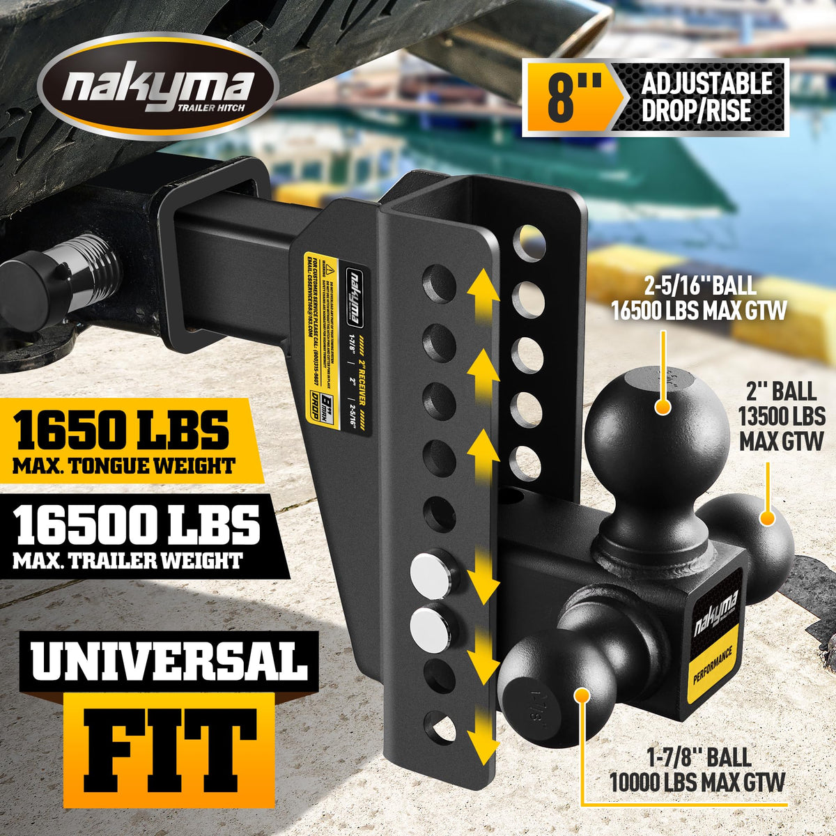 Nakyma close-up of three ball sizes highlighting quick coupler compatibility