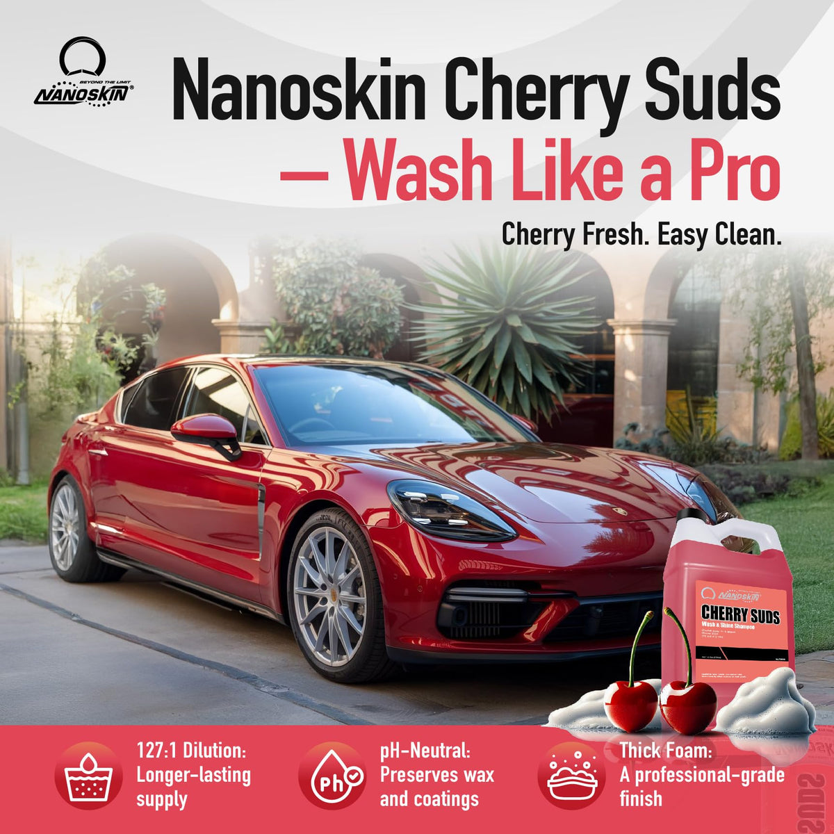 Nanoskin CHERRY SUDS pouring into measuring cup for accurate dilution