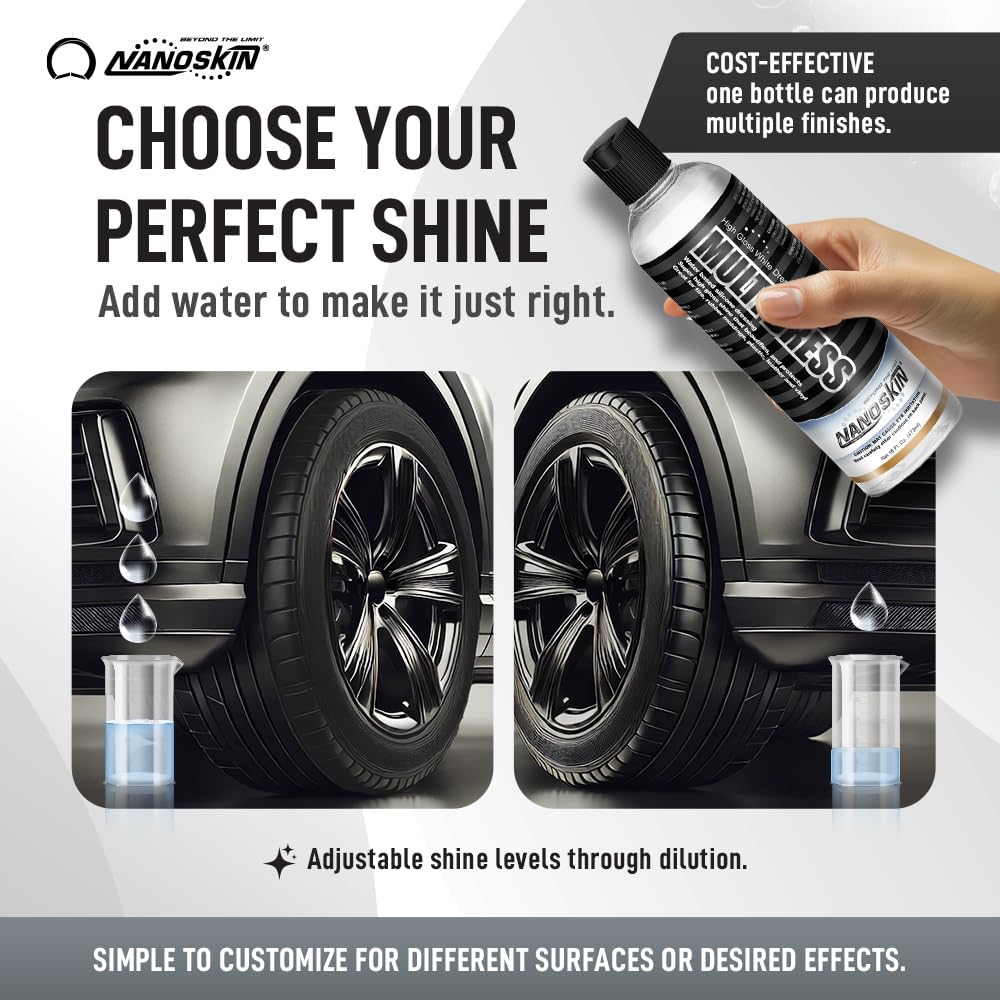Nanoskin being brushed on tire producing wet-look shine and low sling