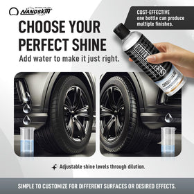 Nanoskin being brushed on tire producing wet-look shine and low sling