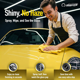 Nanoskin spray misting onto car panel, demonstrating easy application and fast coverage