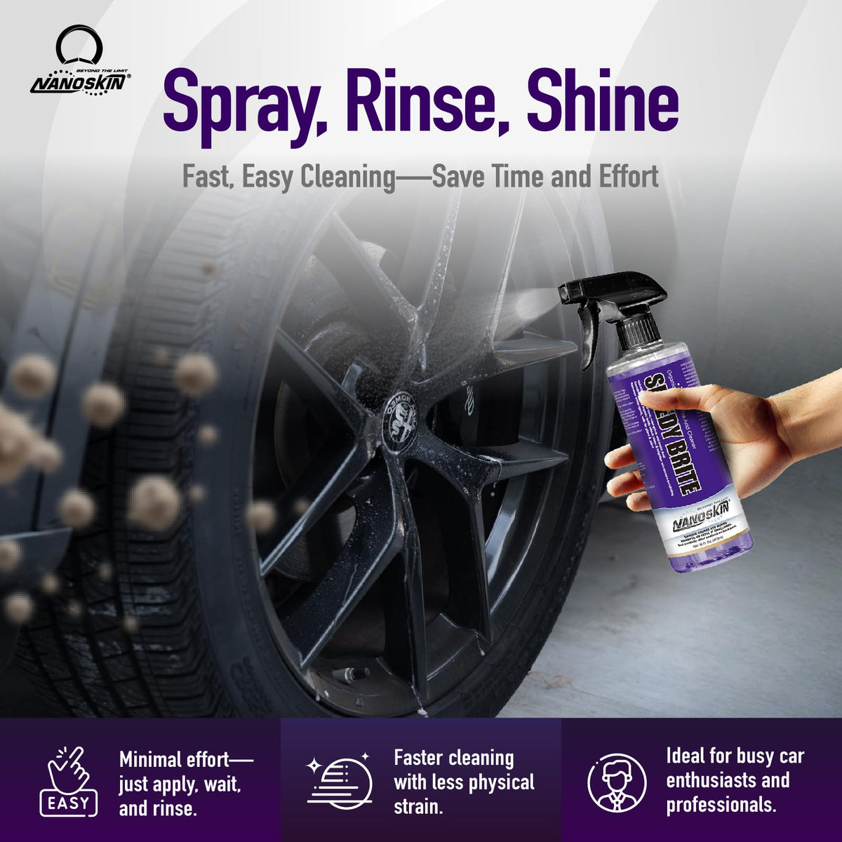 Nanoskin SPEEDY BRITE being sprayed on a cool wheel to loosen brake dust