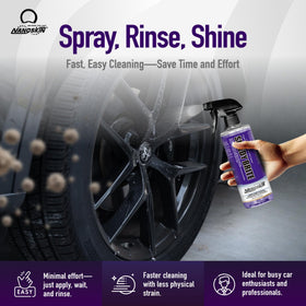 Nanoskin SPEEDY BRITE being sprayed on a cool wheel to loosen brake dust