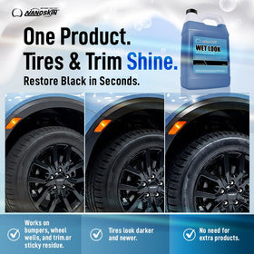 Nanoskin before and after tire comparison showing restored deep gloss