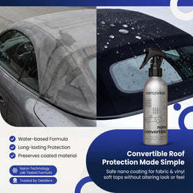 Nanotekas spray being applied to a soft top, showing even coverage benefit