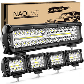 NAOEVO 12-inch LED bar front view showing complete light array and bright output