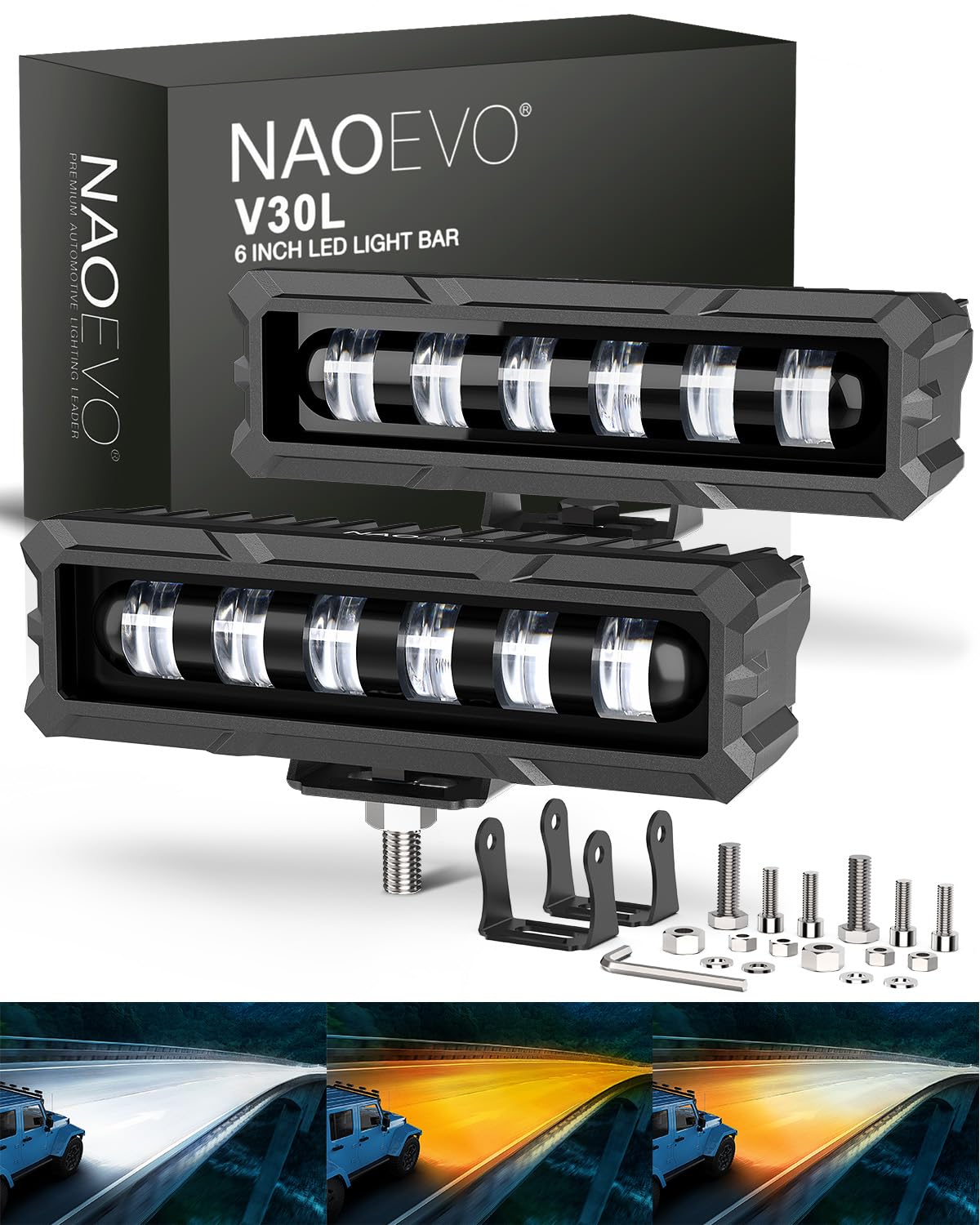 NAOEVO front view of 6-inch LED light bar showing compact design and durable build