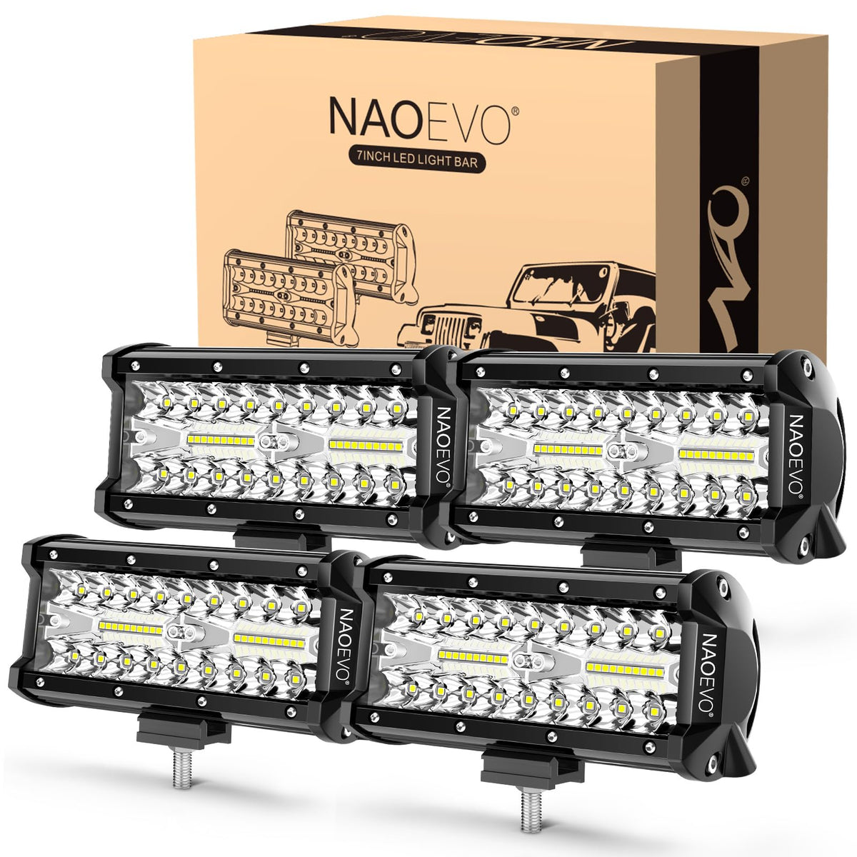 NAOEVO front view of the 4-pack light bars showing compact profile and bright output