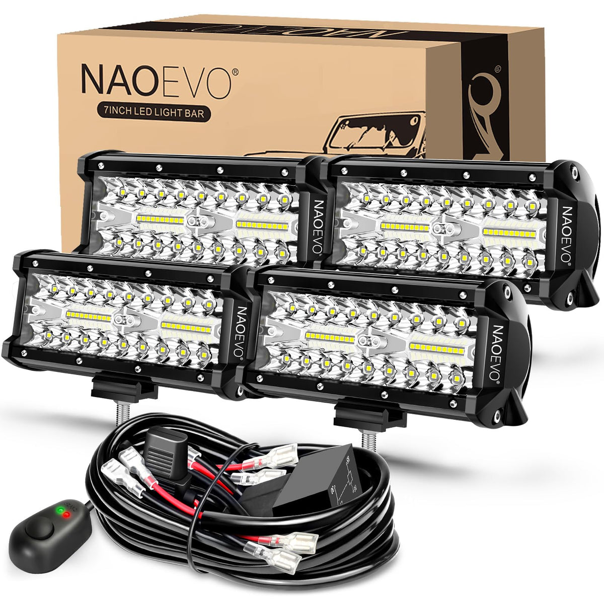 NAOEVO front view of 7 inch LED light bar showing bright output and compact size