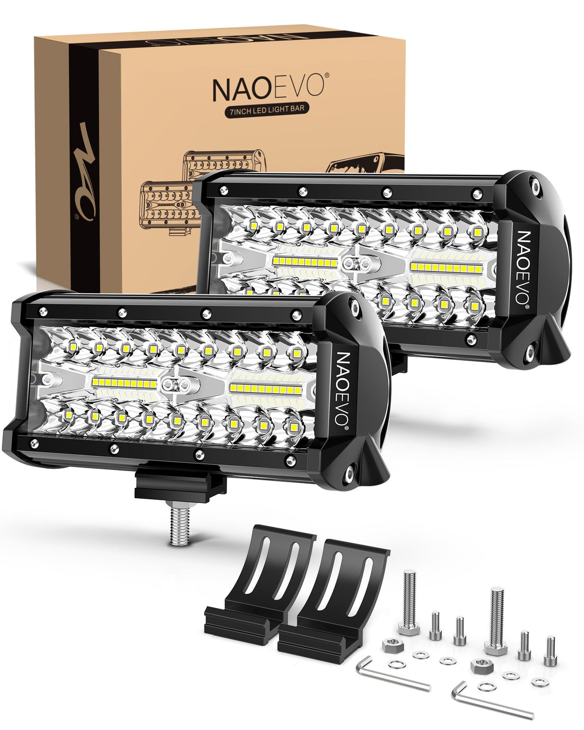 NAOEVO front view showing 7-inch bar and bright white beam for improved visibility