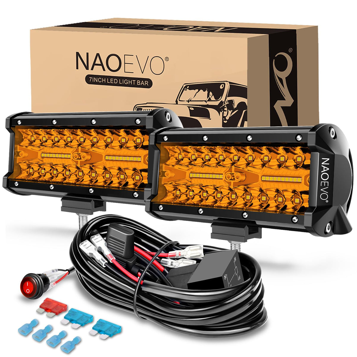 NAOEVO front view of 7 inch amber LED bar showing beam design and improved visibility