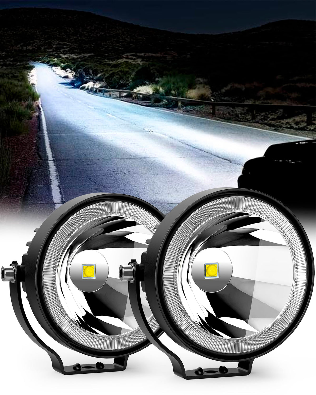 NAOEVO front view of two round pod lights showing bright beam benefit