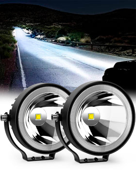NAOEVO front view of two round pod lights showing bright beam benefit