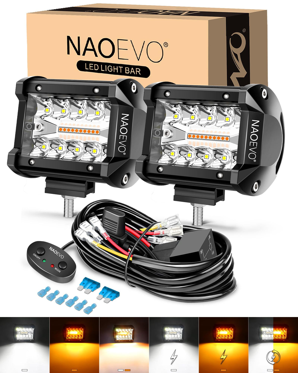 NAOEVO front view pod light showing beam array and durable lens benefit