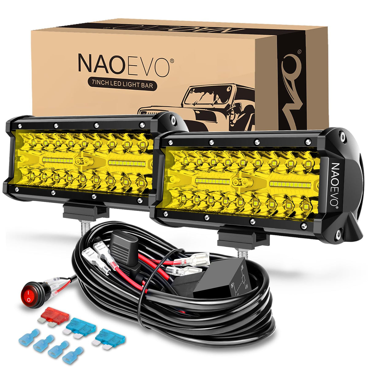 NAOEVO front view of 7-inch yellow LED bar showing lens and beam geometry for visibility