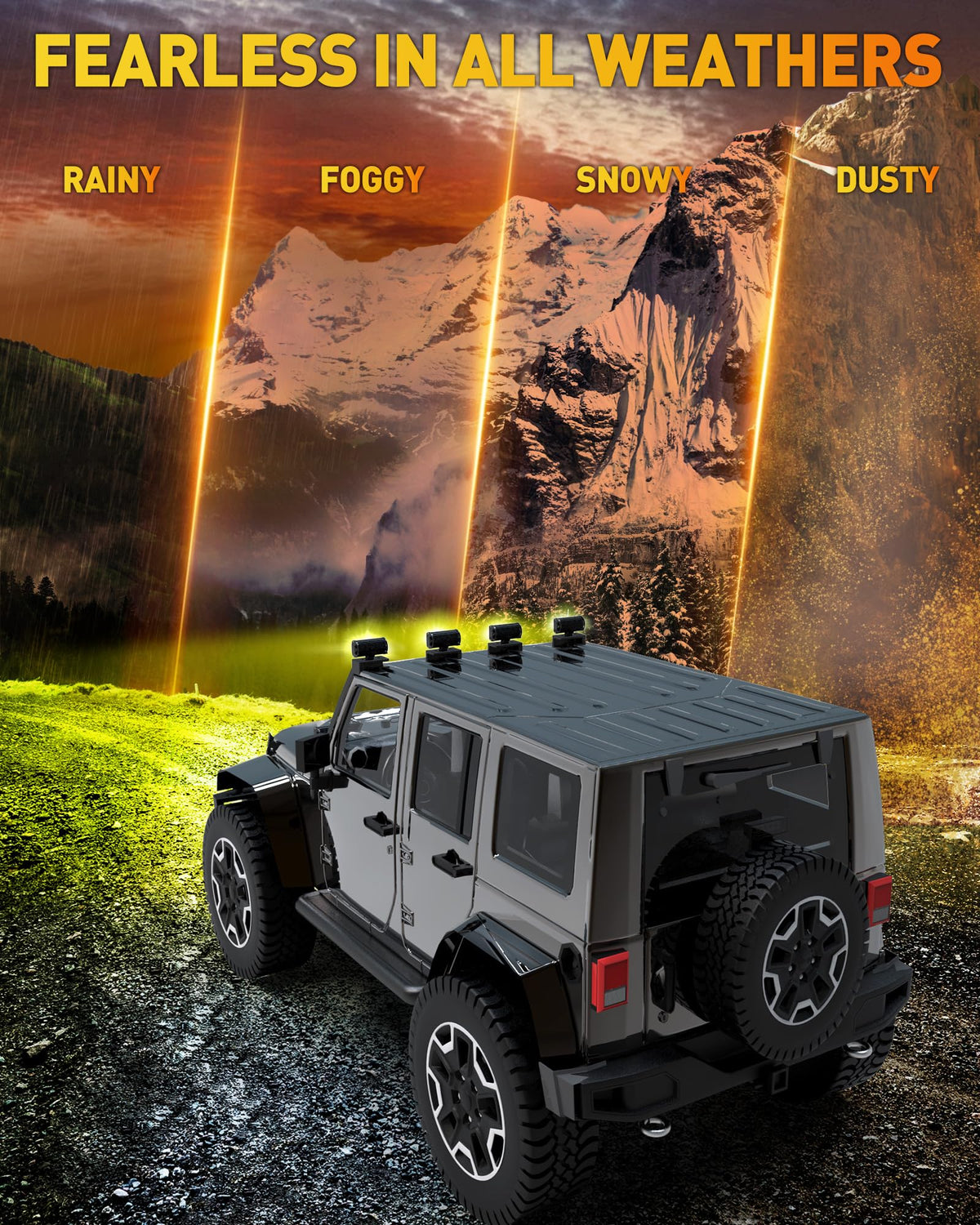 NAOEVO light bar in off-road night scene demonstrating fog-penetrating yellow beam
