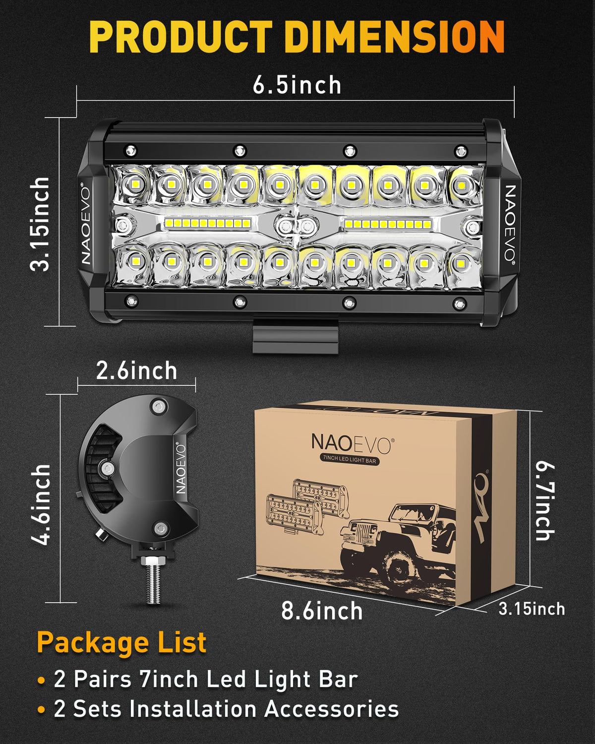 NAOEVO mounted on truck roof illustrating strong long-range and peripheral lighting