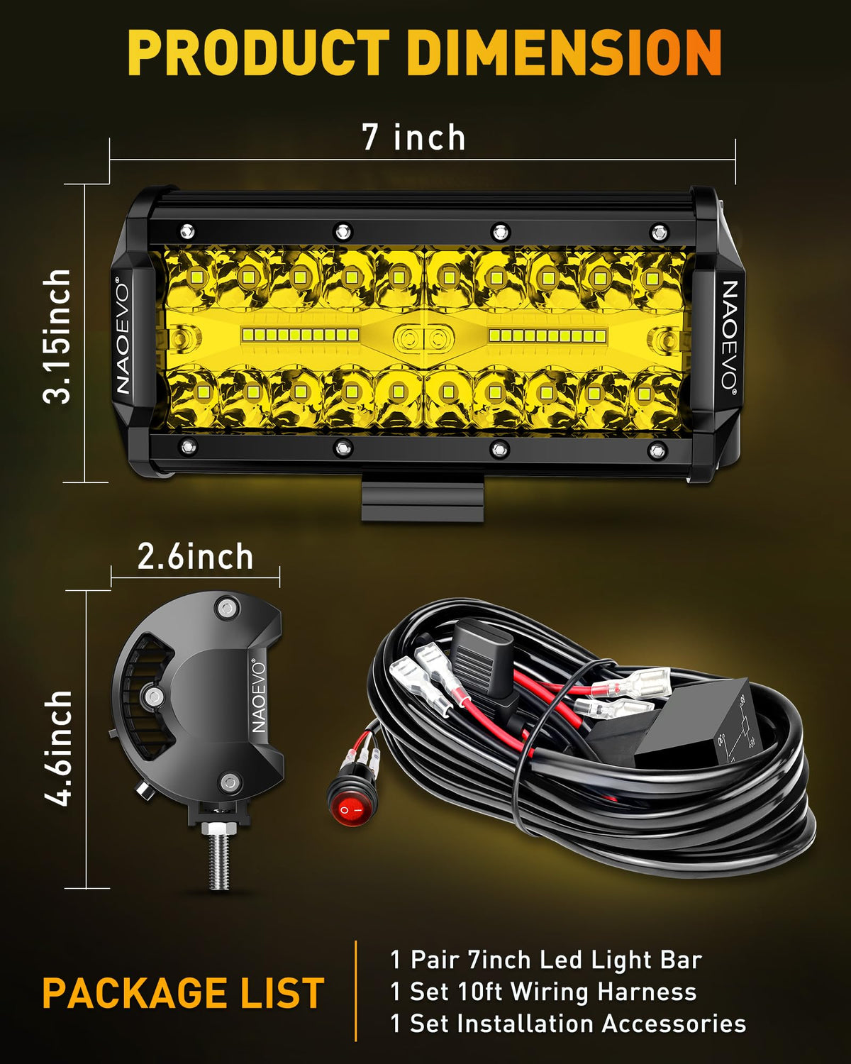 NAOEVO retail packaging and label detailing specs and included harness contents
