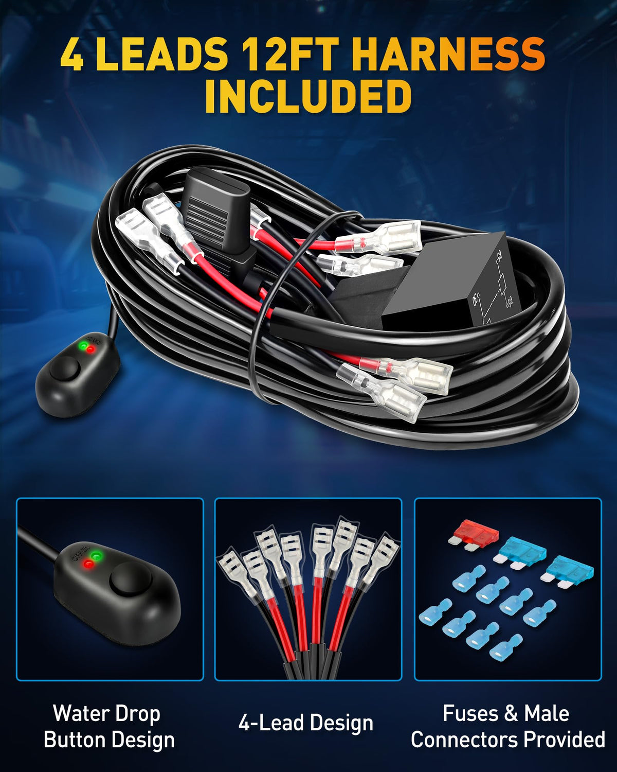 NAOEVO 12ft 4-lead wiring harness with relay and fuses showing safe installation benefit