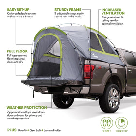 Napier backroadz attachment straps secured to truck bed for stable setup