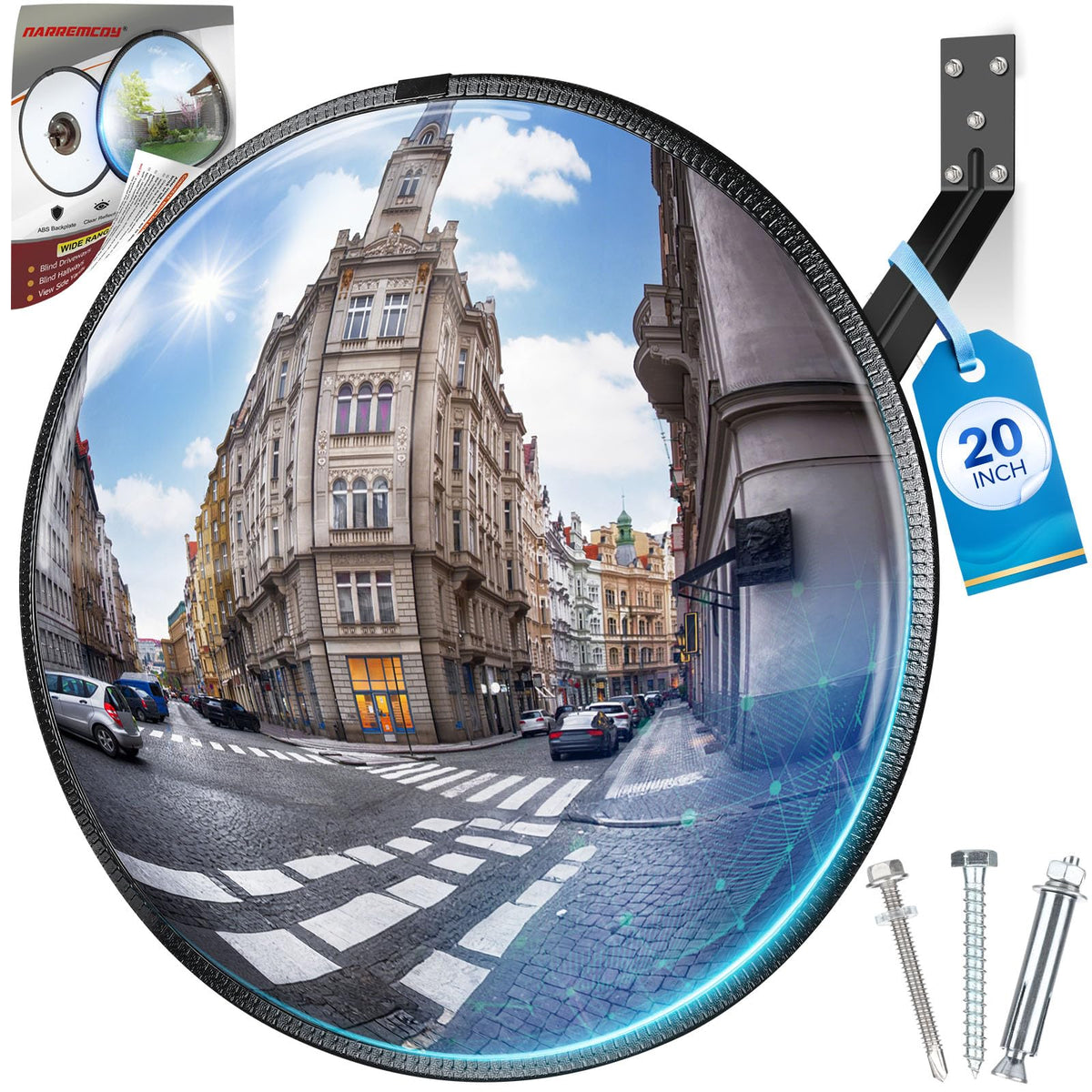 Narremcoy front-facing 20-inch convex mirror showing wide view benefit