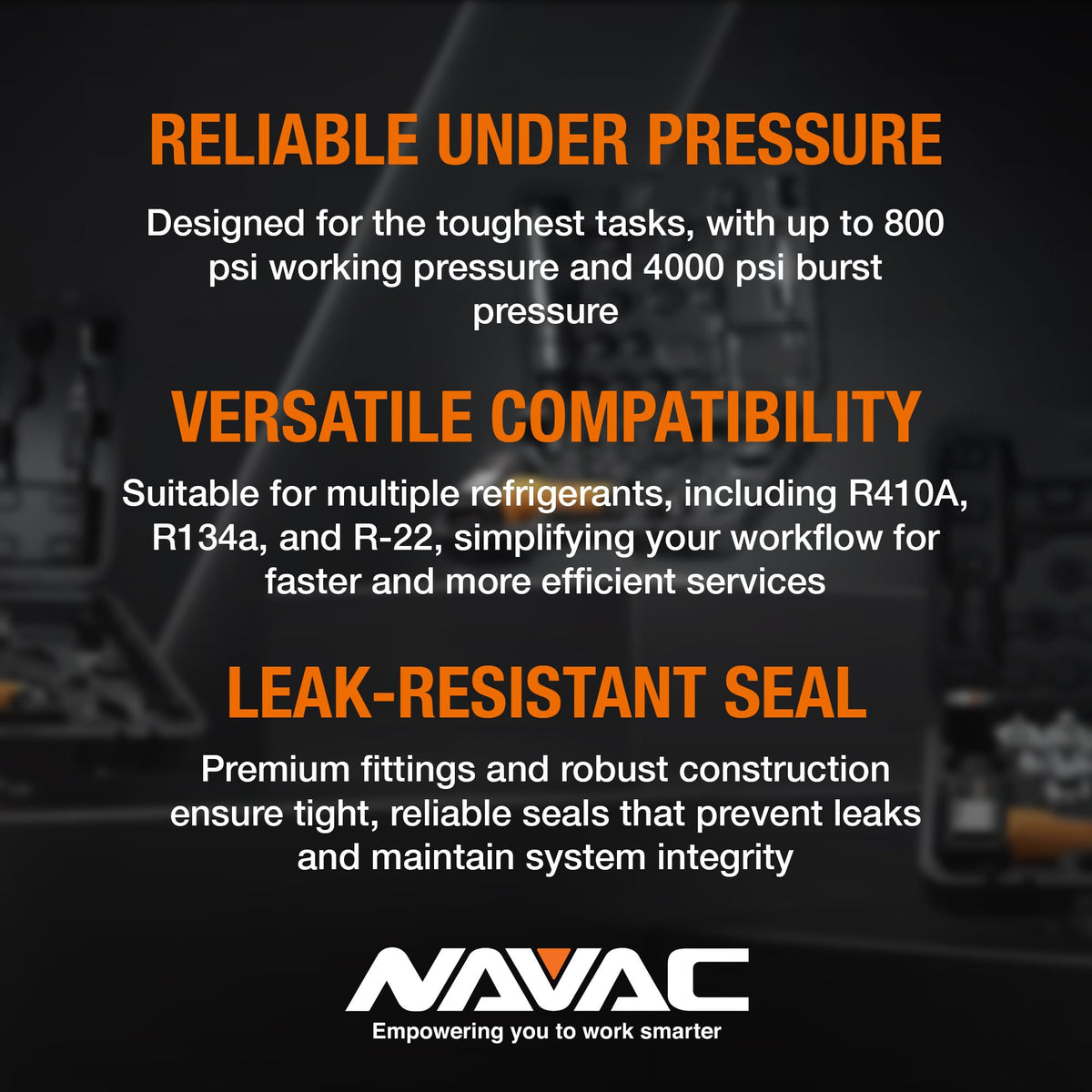 NAVAC hoses attached to manifold gauge in use for faster charging and recovery