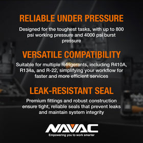 NAVAC hoses attached to manifold gauge in use for faster charging and recovery