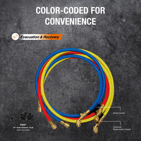 NAVAC three-color hoses laid flat displaying red blue yellow for clear connection