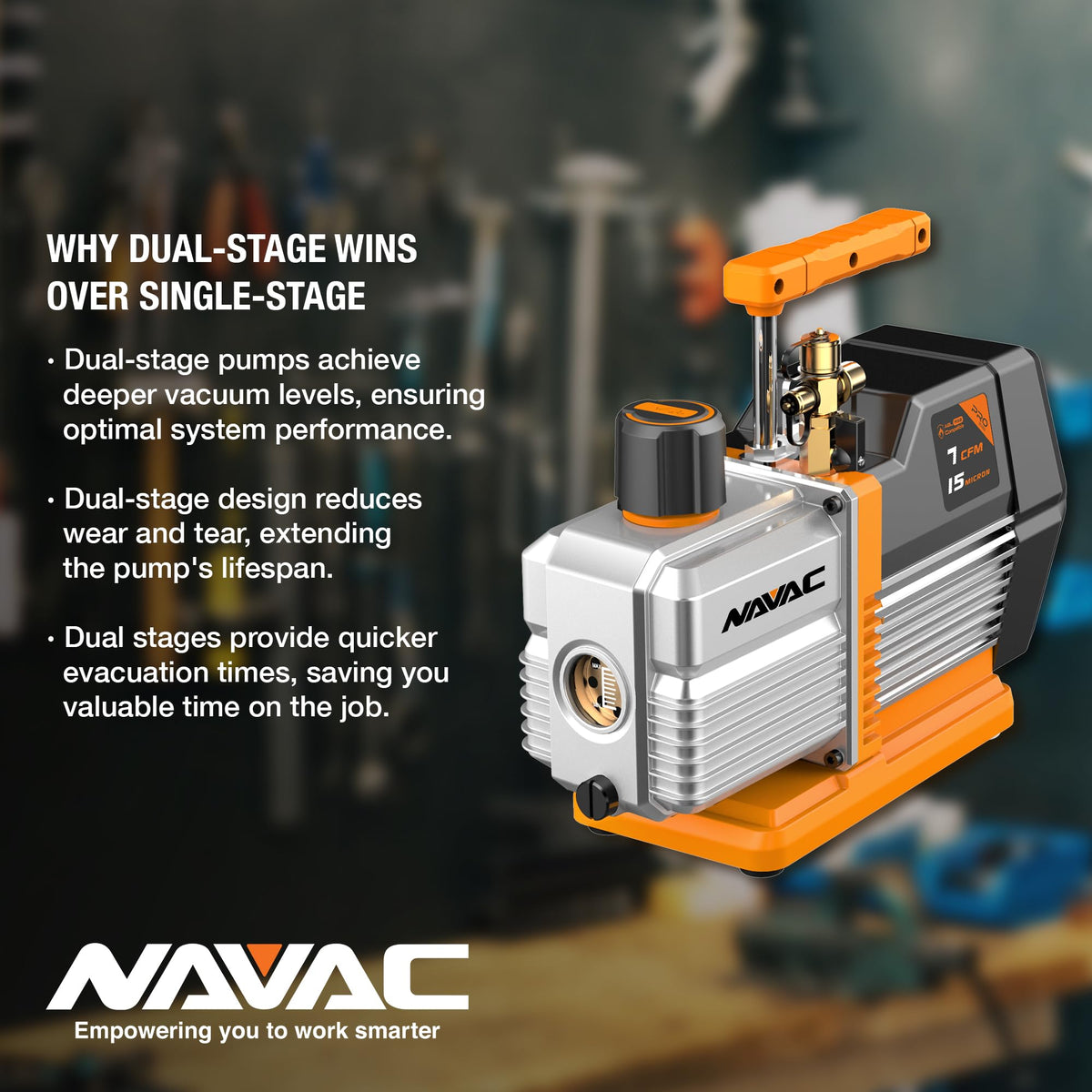 NAVAC spec plate and label view showing model info and professional-grade specifications