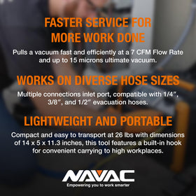 NAVAC NP7DP2 beside toolbox illustrating 26-pound portability for field technicians