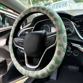 naxizo steering wheel cover front view shows sage green floral print and soft feel