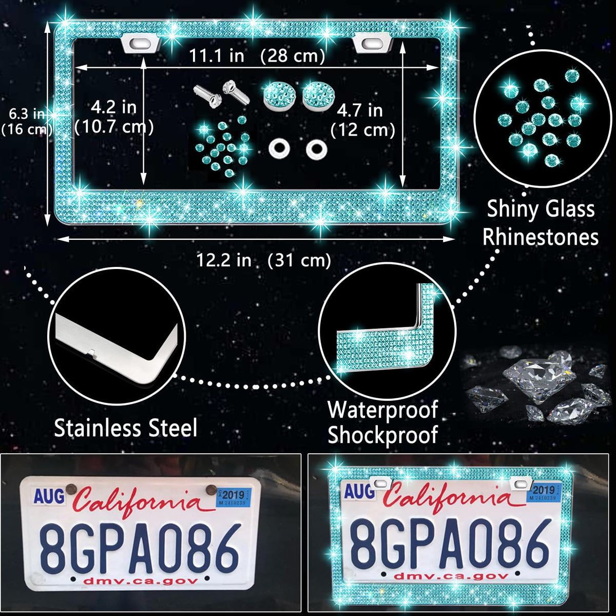 NBTEPEM license plate frame installed on car exterior adding coordinated sparkle