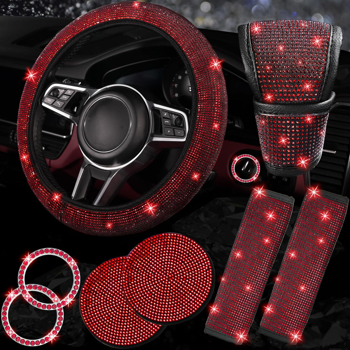 NBTEPEM steering wheel front view showing red rhinestones and glamorous grip