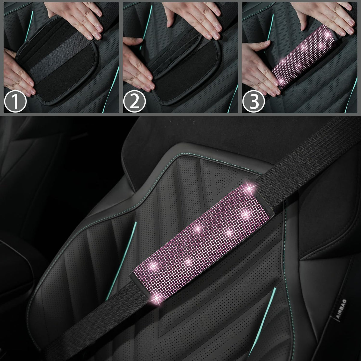 NBTEPEM seat belt covers installed highlighting comfort and sparkle