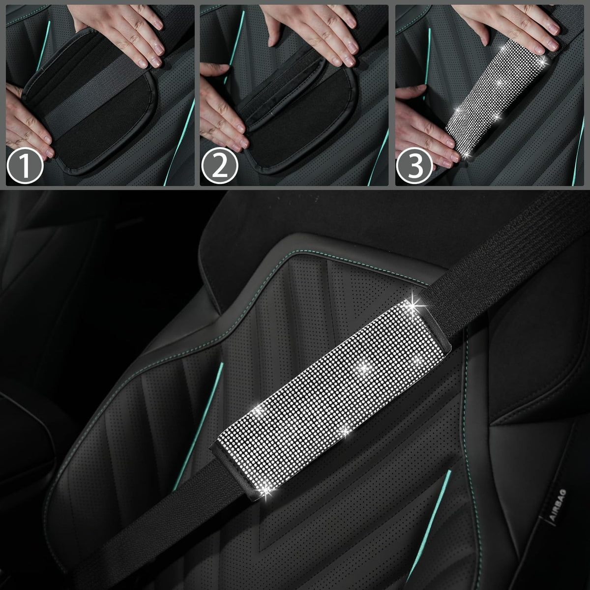 NBTEPEM seat belt covers installed showing comfort and sparkle