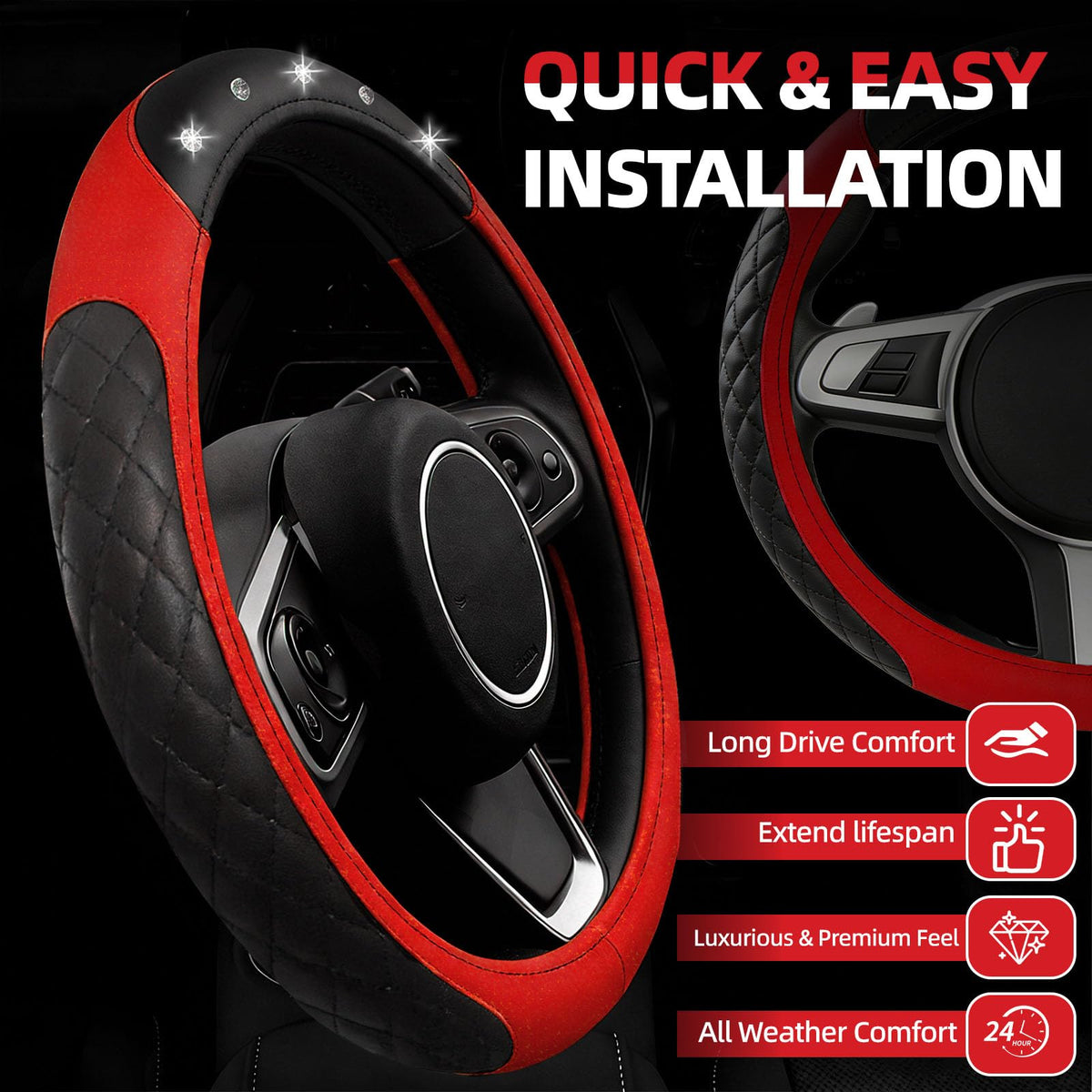 NBTEPEM steering wheel close-up with rhinestones providing grip and flashy look