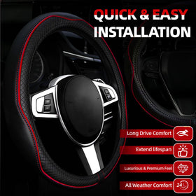 NBTEPEM steering wheel close-up showing microfiber leather and reinforced stitching for grip