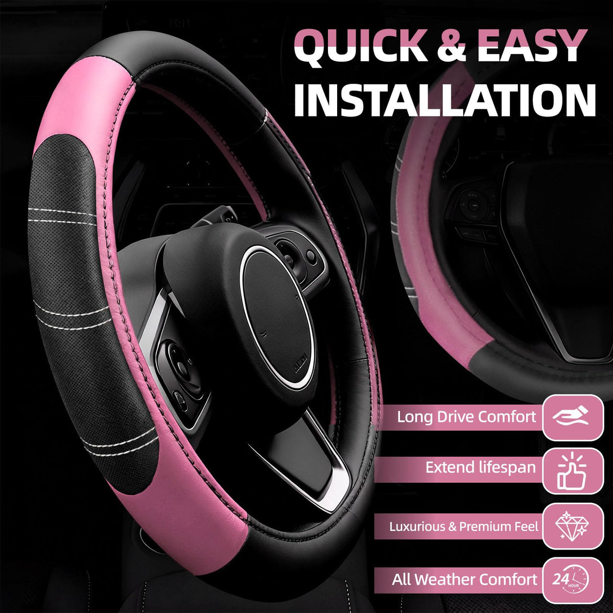 NBTEPEM close-up of steering wheel stitching and padded microfiber leather comfort