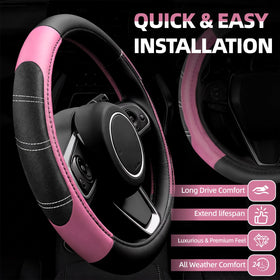 NBTEPEM close-up of steering wheel stitching and padded microfiber leather comfort