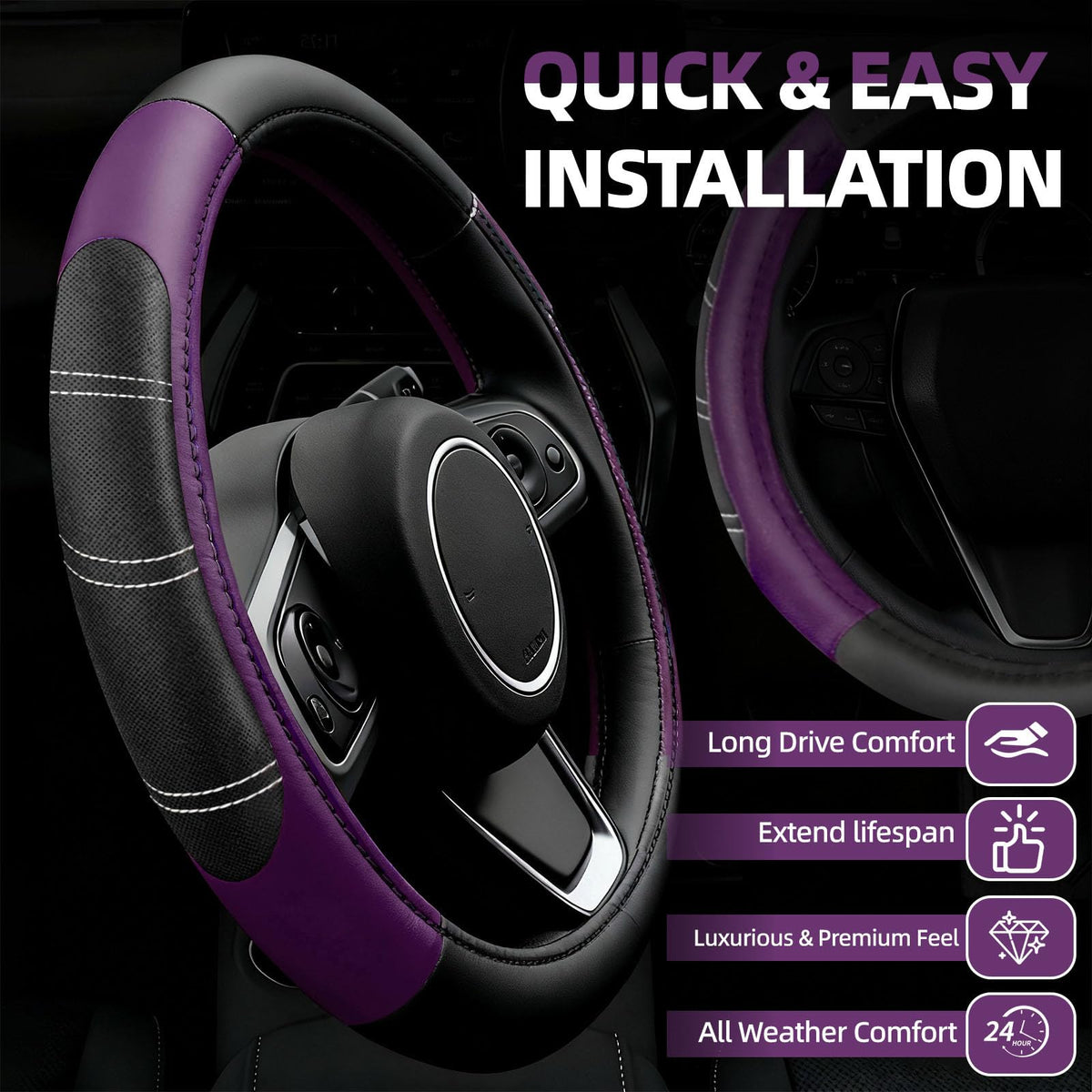 NBTEPEM steering wheel cover close-up showing leather texture for improved grip