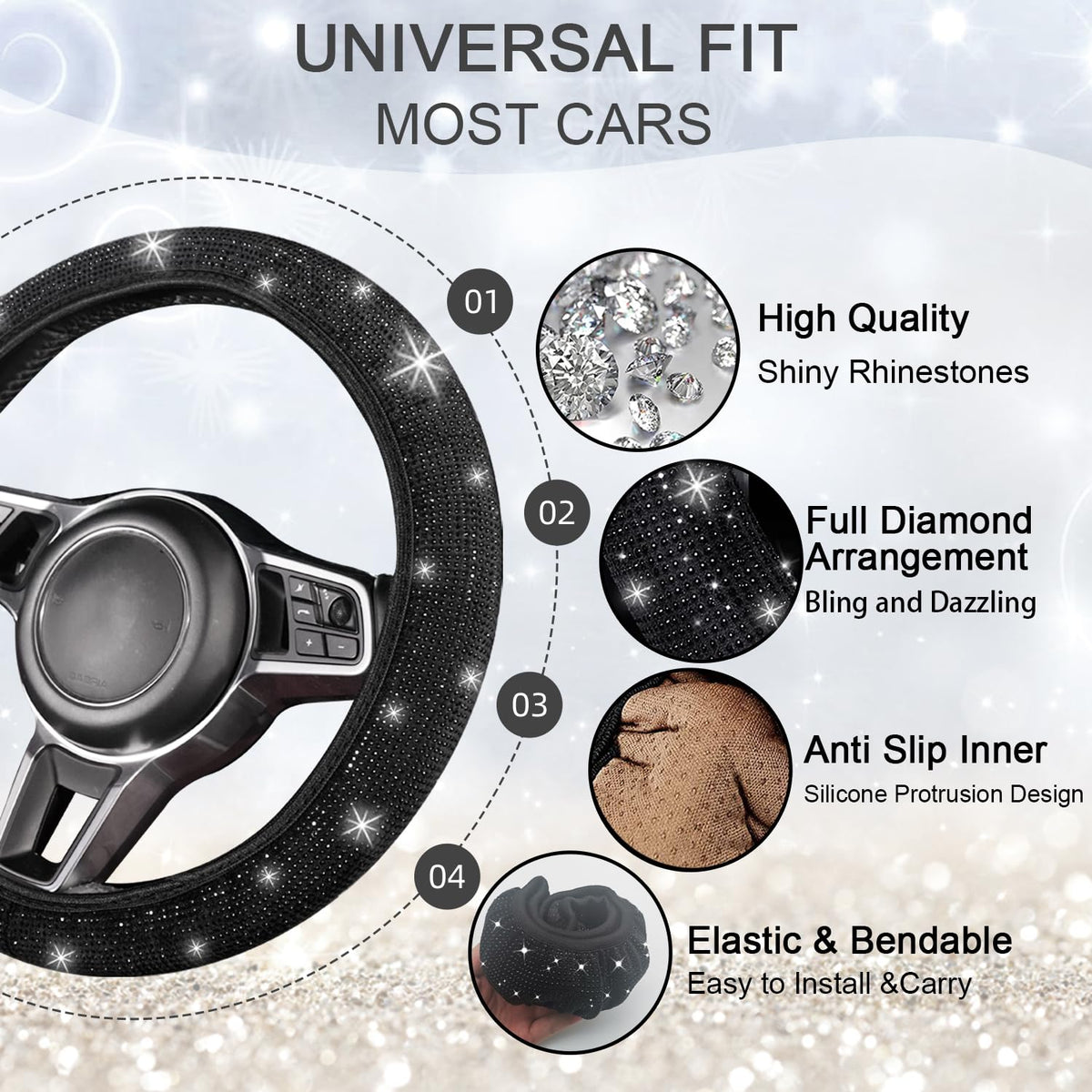 NBTEPEM steering wheel cover close-up highlighting rhinestones for glamorous look